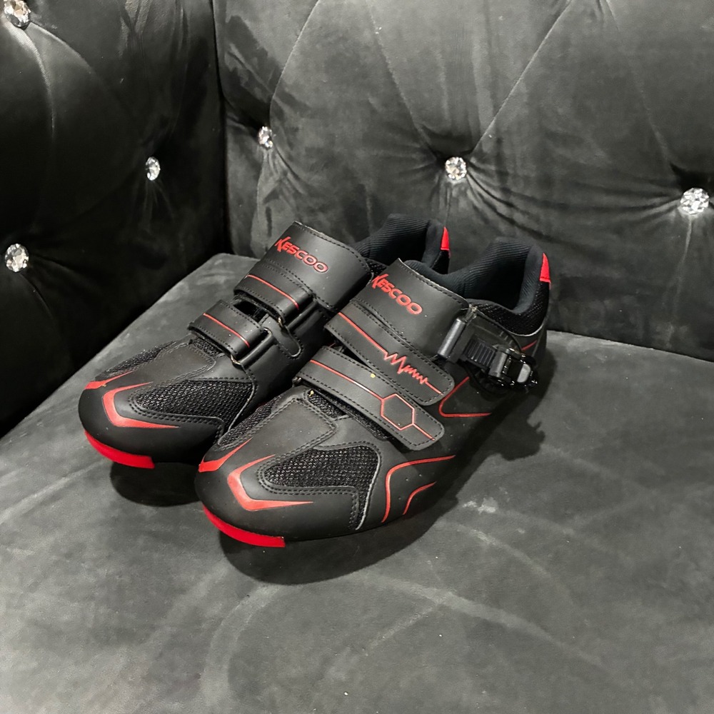Kescoo Mens Cycling Shoes Size 44 Black Red Road Bike Indoor Spin Ratchet Buckle